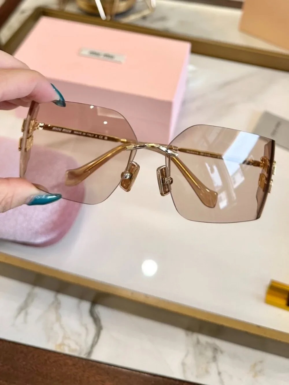 Miu Miu Gold-Trim Pink Gradient Rimless Sunglasses
